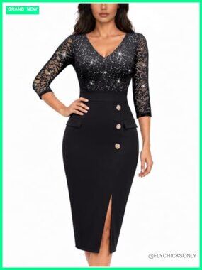 Vintage Sequin Lace V-Neck Bodycon Midi Semi-Formal Dress